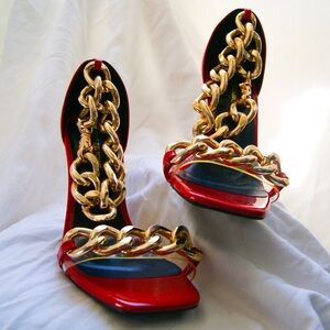 True Religion Red Patent Chain-Embellished Women's Sandals